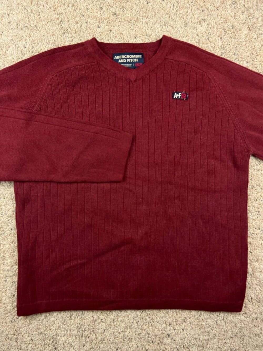 Abercrombie & Fitch Sweater Mens Large Maroon Red V Neck Pullover Heavy A+F92